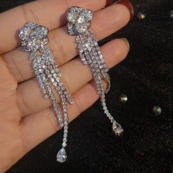 Crystals Rose Flower Long Short Tassels Earring - Picture 3 of 6